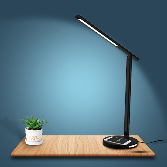 Minimalist Stepless Brightness Fast Wireless Charging Foldable Aluminum Alloy Office Black Table Lamp With Night Read Mode 