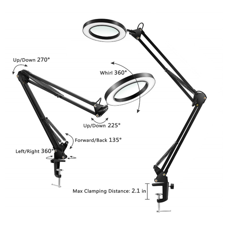 Clip Led Magnifying Desk Lamp with Glass Table Light Magnifier Metal Eye-care Adjustable Swing Arm Reading Lamps Portable Desktop Loupes Work Clamp Magnify Lighting
